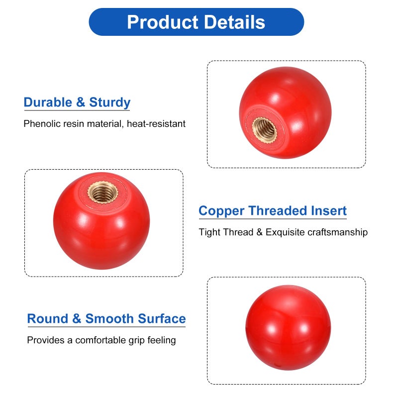 يو إكس سيل uxcell 5 قطع مقابض كروية مترابطة، M6 أنثى خيط حراري مقبض كروي 25 مم ديا مقابض كروية دائرية مع إدراج نحاسي لمقبض رافعة الماكينة، أحمر - Image 4
